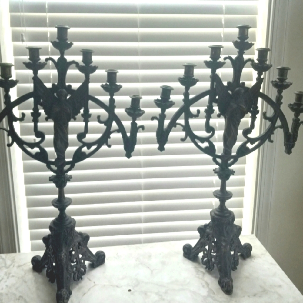 Antique Figural Bronze Angel Pair Candelabras